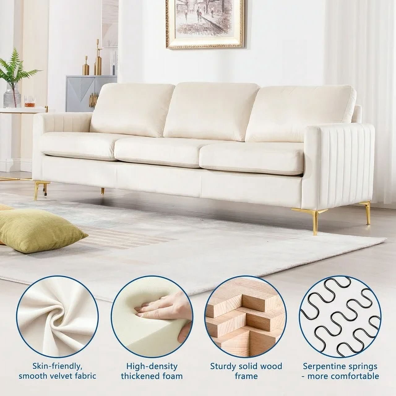 Muumblus 3 Pieces Velvet Living Room Furniture Sets, Modern Two Single Sofa Chairs and One 3-Seater Sofa Couch, Beige