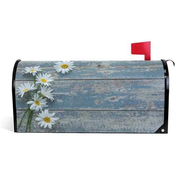 Rustic Daisy Blue Wooden Magnetic Mailbox Cover Spring Flower Sunflower Wood Mailbox Covers Mailbox Wraps Post Box Cover Standard Size 21" Lx 18" W for Outdoor Garden Home Decor