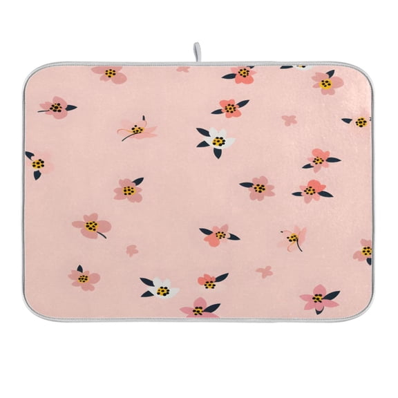 Dish Drying Mat Kitchen Counter Small Flowers with Leaf Dishes Drainer Pad Absorbent Microfiber Reversible 16"x18"