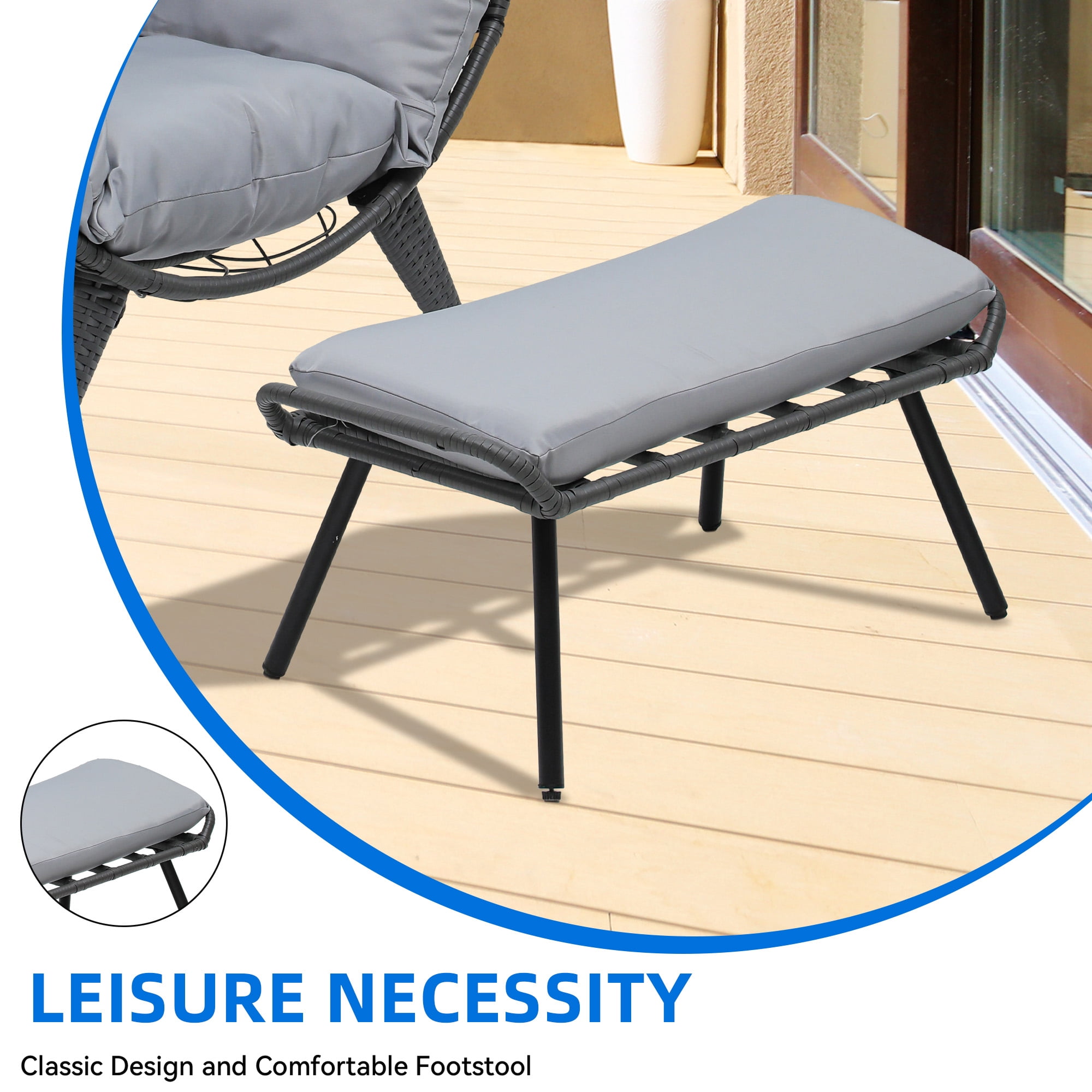 Uforic Outdoor Egg Chair with Stand and Ottoman, Cushioned Wicker Chair with PE Rattan Design, Footrest Included for Patio, Garden, Backyard, Porch, Gray