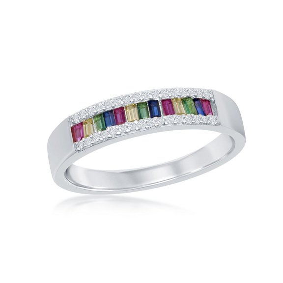 iJewelry2 Sterling Silver Channel Set Baguette Rainbow Multicolor and Clear CZ Border Band Ring Size 6