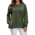 thumbnail image 2 of WTOBBY Women's Button Hem Slit Hoodie, Solid Color Casual Pullover, Long Sleeve Round Neck Top with Side Vent Design and Modern Street Style,Army Green L, 2 of 8