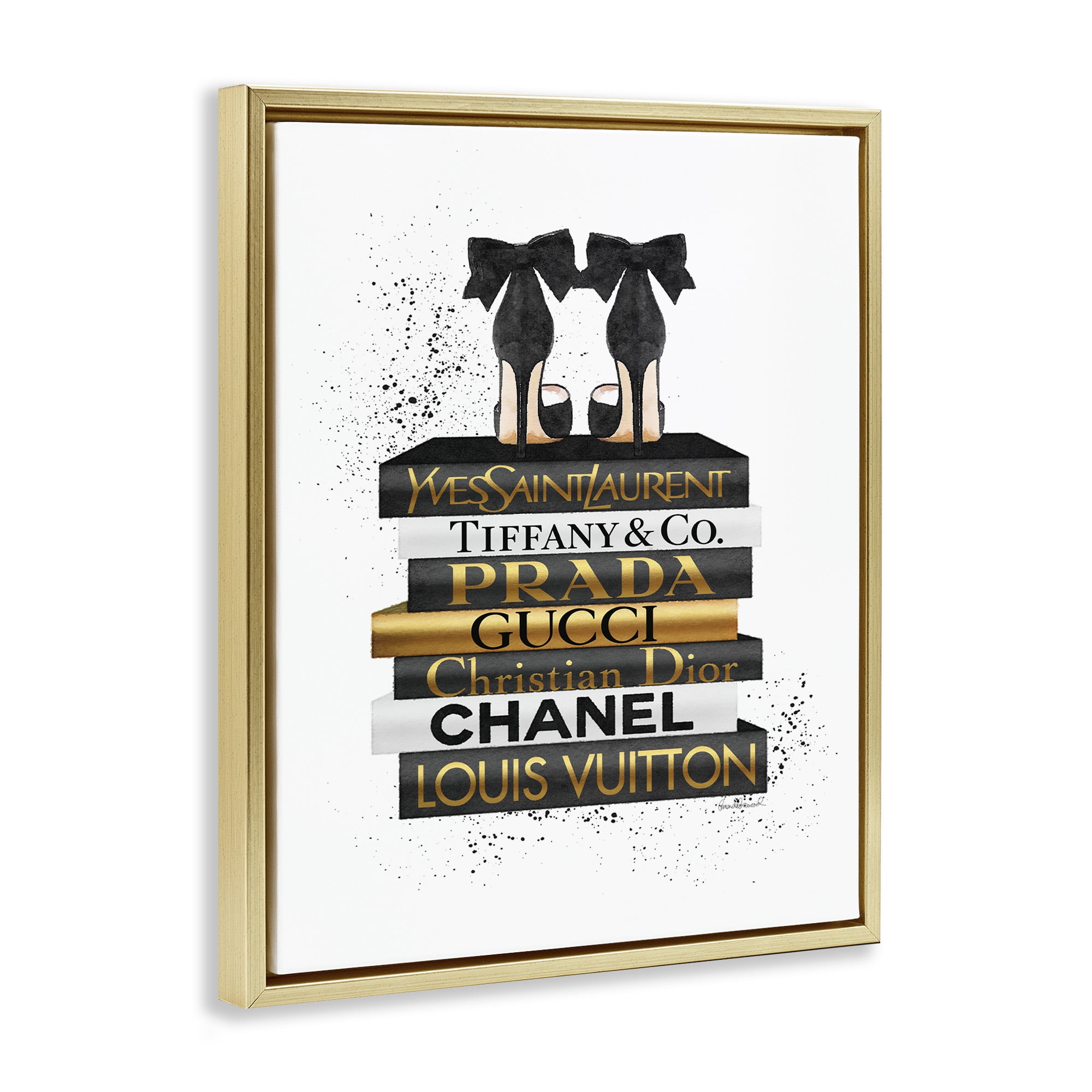 Stupell Industries Black Gold White Glam Bookstack Beauty & Fashion Painting Gold Floater Framed Canvas Art Print Wall Art, 25 x 31