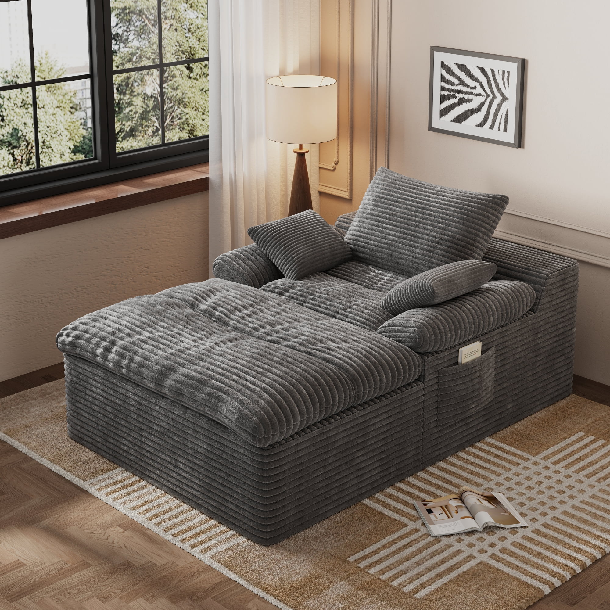 HOQBN 65" Chaise Lounge Chair Indoor,Oversized Boneless Sofa Bed with 3 Pillows,Cloud Reading Chair for Living Room Bedroom, Deep Seat Sleeper Couch, No Assembly Required,Dark Gray