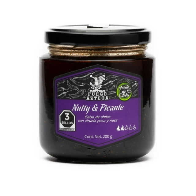 FUEGO AZTECA Nutty & Picante Salsa Premium mezcla de chiles tostados ciruela Pasa y Nuez en aceite de Oliva Nivel de picor ligero