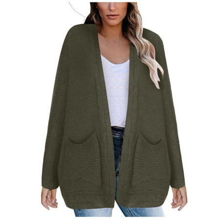 Winter Coats for Women Jackets for Women Women Fashion Leisure Knitted Pocket Sweater Plain Color Long Sleeve Cardigan Tops Black Cardigan for Women Clearance on Sales Womens Jacket Army Green,S