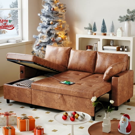 Danrelax Faux Leather L Shaped Sofa with USB, Cup Holder and Hidden Storage Space, Brown