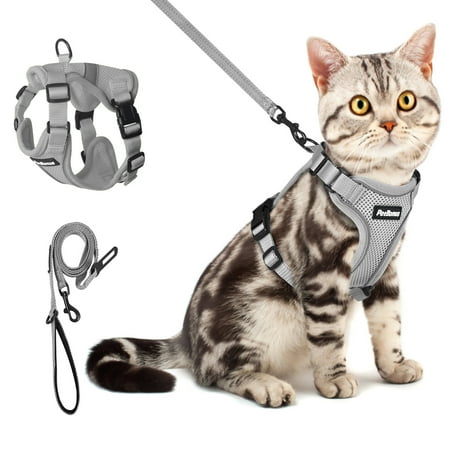 PetBonus Adjustable Cat Harness and Leash, Escape Proof Breathable Pet Vest Harnesses for Walking, Easy Control Reflective Leash and Harness Set Jacket for Cats, Kitten, Kitty (Grey, X-Small)