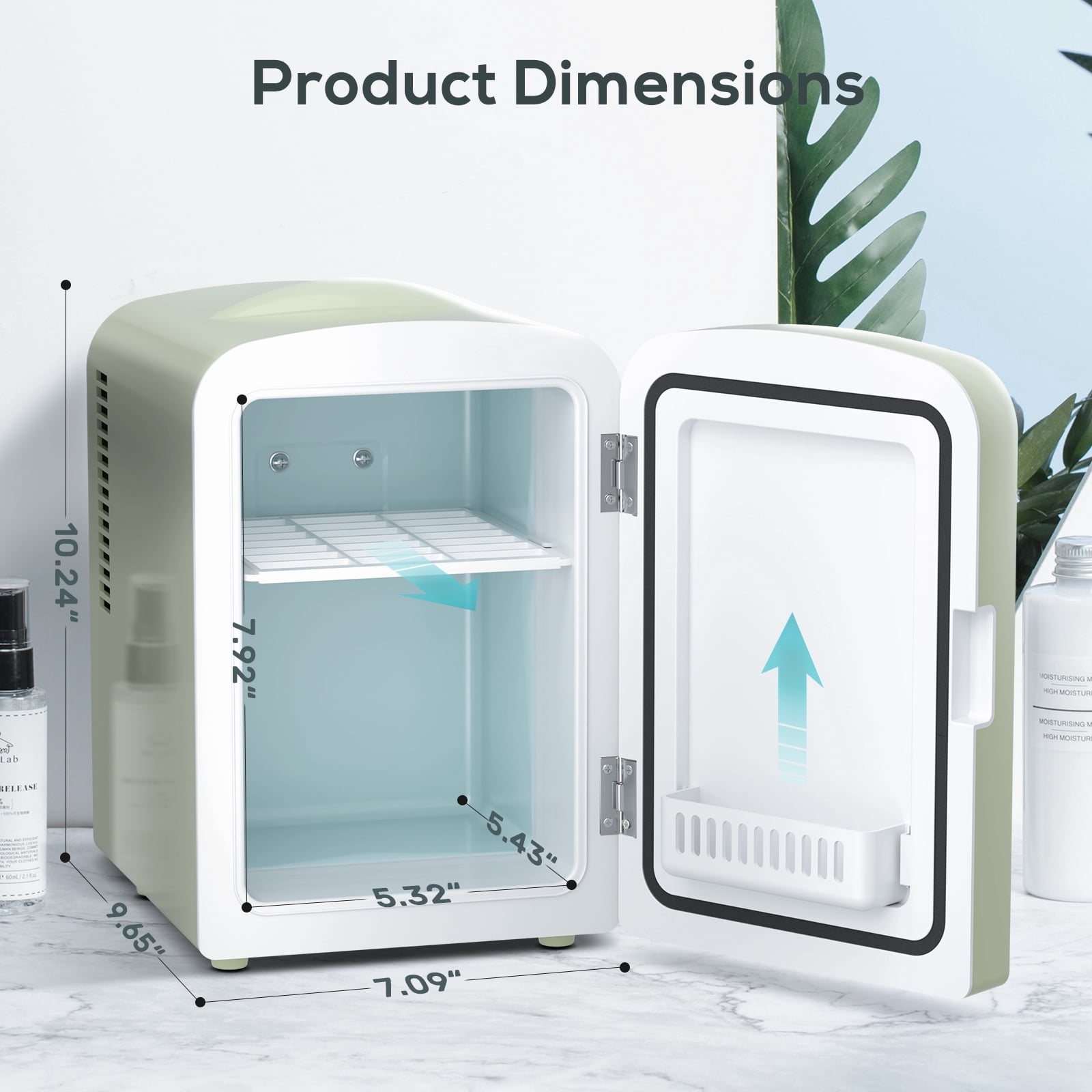 Auseo Mini Personal Fridge Cooler, LED Lighted Mirror, 4L Capacity Portable, Makeup and Skincare - AC/DC Refrigerator, Car, Office Desk & Dorm - Chills 6 Cans, GREEN