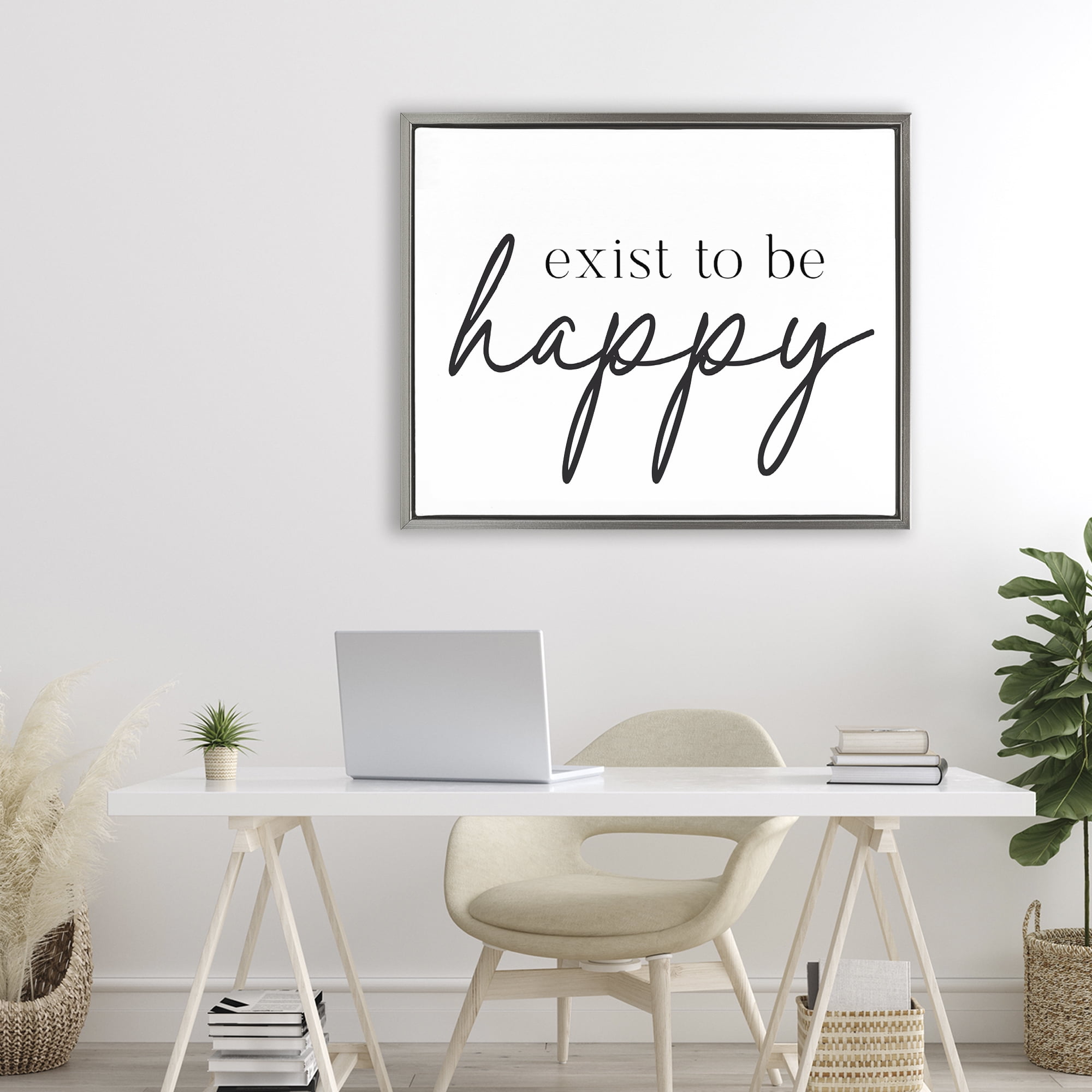 Exist To Be Happy Gray Framed Floater Canvas Wall Art, design by Lettered and Lined
