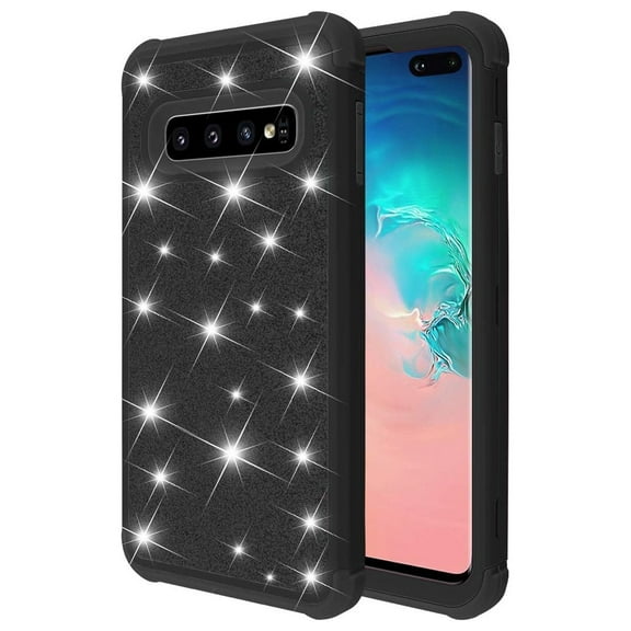 Mignova Case for Galaxy S10 Plus Case Protective Glitter Case for Women Girls Cute 3 in 1 Heavy Duty Hard Shell Shockproof TPU Case for Galaxy S10 Plus 6.4 inch(Black)