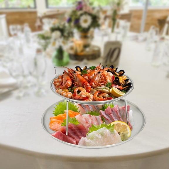 2-Tier Beautiful Appearance Seafood Plate Silver Round Tray with Bracket for Kitchens, Restaurants
