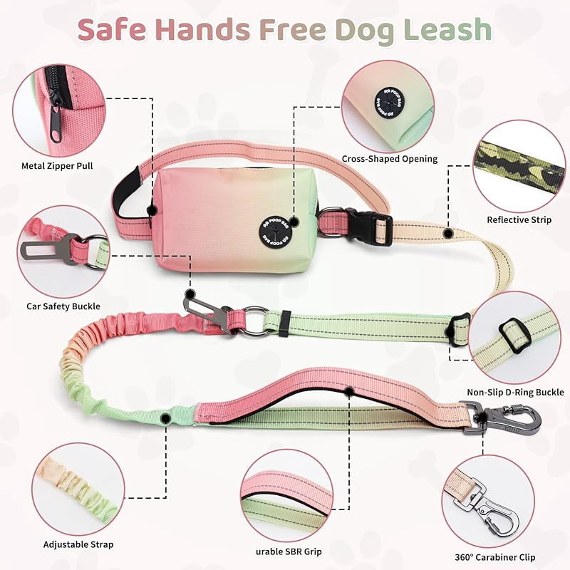 Hands Free Dog Leash with Zipper Pouch, 6-9ft Bungee Waist Leash for Medium Large Dogs Walking, Running Lead with Dual Padded Handles Car Safety Buckle for Training Jogging