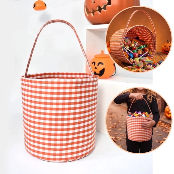 Halloween Basket, Trick or Treat Basket, Cute Plaid Candy Bucket, Small Baskets Barrel, Jack O Lantern Bags