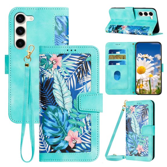 Phone Case for Samsung Galaxy S24 FE Wallet Cover with Crossbody & Wrist Strap, Elegant PU Leather Flip Flower Pattern Kickstand Credit Card Holder Phone Case Cover for Galaxy S24 FE, Green