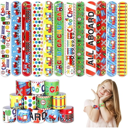 48Pcs Train Slap Bracelets, Train Party Favors Include Bracelet Wristbands in 12 Styles for Chugga Chugga Choo Choo Train Railroad Transportation Birthday Party Decorations Supplies