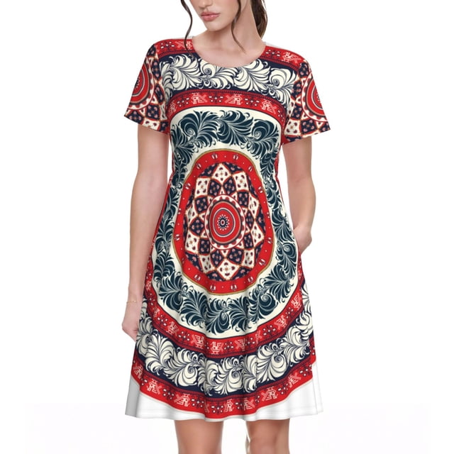 Easygdp Round Design para Vestido Transpirable de Mujer, Vestido Suelto de Manga Corta con Pliegues y Bolsillos para el Verano