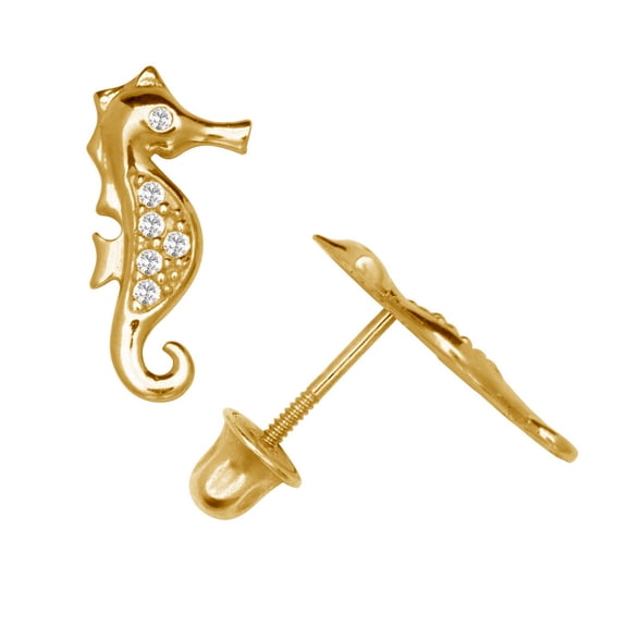 Solid 14k Gold CZ Beautiful Sea Horse Stud Earring Yellow Gold Gift For Women (Yellow Gold) Stud Earring