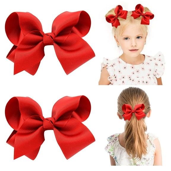 2 PCS 4.5" Hair Bows for Girls Alligator Clips Grosgrain Ribbon Solid Color Hair Accessories for Little Teen Toddler Girls Kids-Red