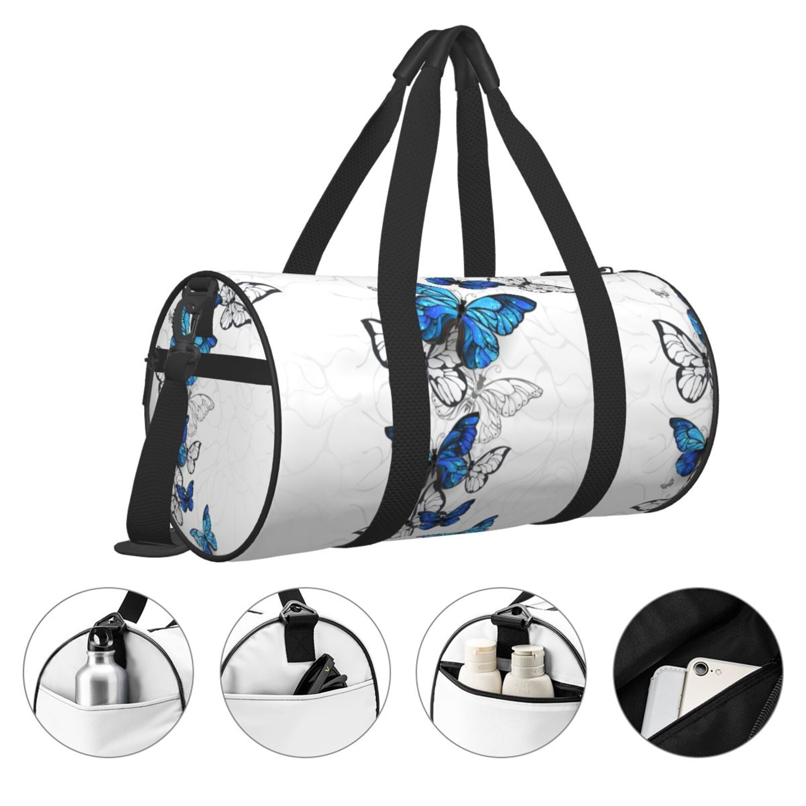 Vsdgher Blue Flying Butterflies 45L Foldable Duffel Bag, Sports Gym Bag,Overnight Bag, Portable Weekender Bag for Airplanes