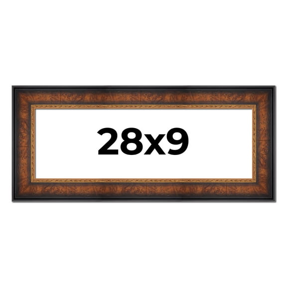 28x9 Frame Brown Walnut Gold Ornate Trim Solid Wood Plein Air Picture Frame | 3 Inch Moulding Width
