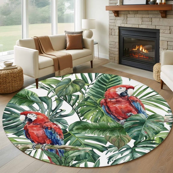 Red Parrot Round Living Room Rugs 8 ft, Country Tropical Animal Green Monstera Plant Farmhouse Washable Large Area Rug with Non-Slip Sturdy Edge Binding Round Carpet for Dining Room Kitchen Office