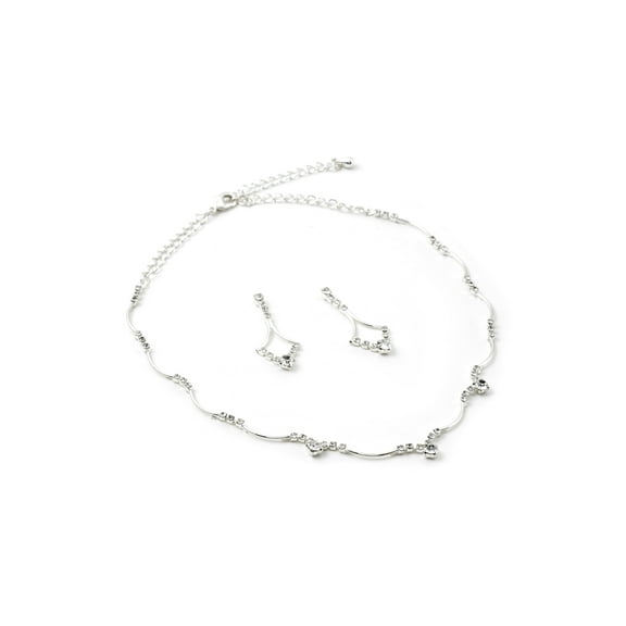 Silver Crystal Wave Necklace with Rhinestone Loop Accent & Matching Arrow Shape Dangle Earrings Jewelry Set