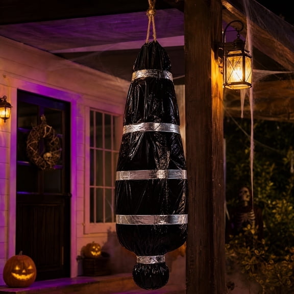 Halloween Inflatable Body Prop 59 Inch Scary Hanging Corpse Decoration with Black Plastic Wrap and Silver Tape for Haunted House Porch Party Décor