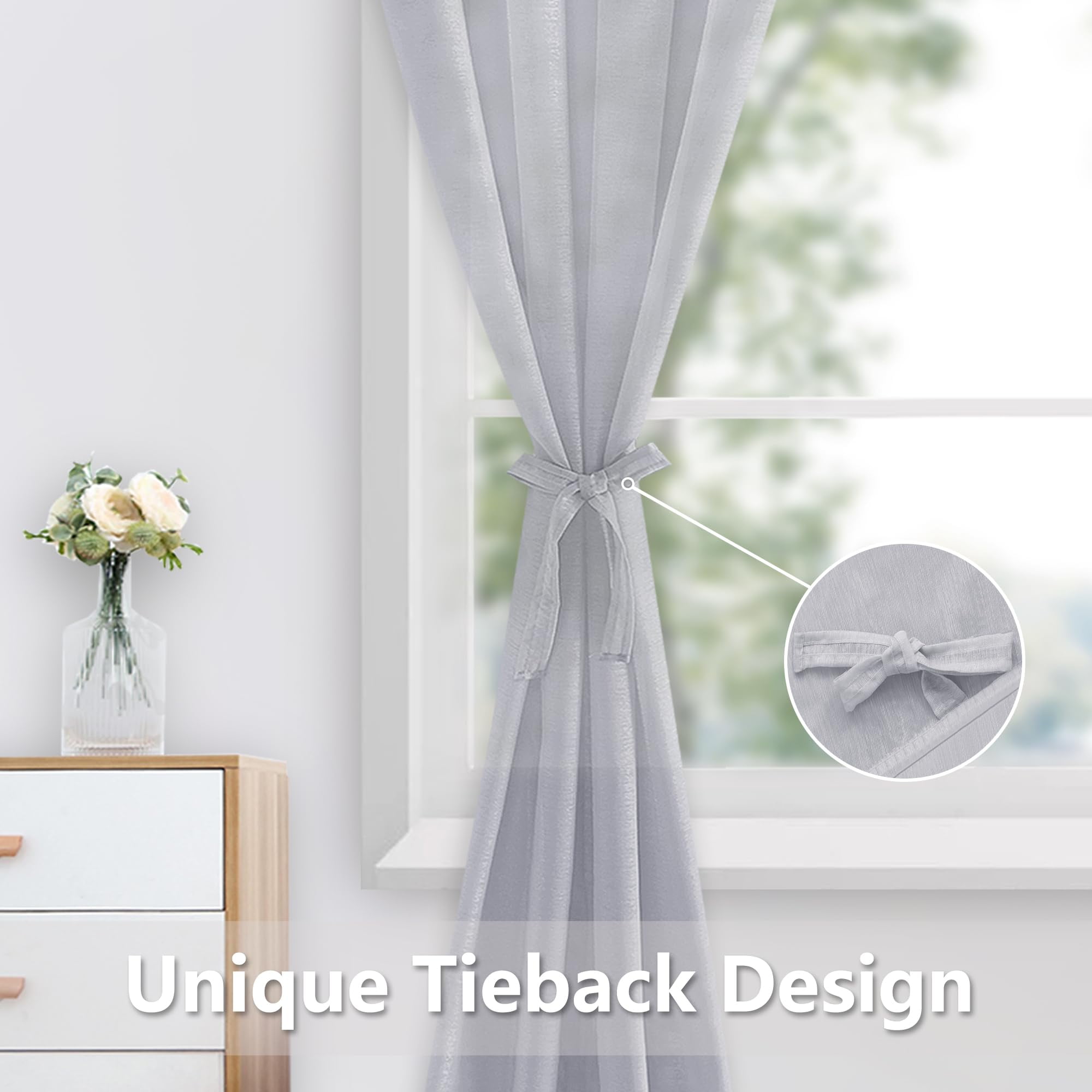 JIUZHEN Short Sheer Curtains 45 Inches Long, Rod Pocket Light Filtering Semi Transparent Voile Window Curtains for Living Room & Bedroom, Set of 2 Panels with Tiebacks, W52 x L45, Grey