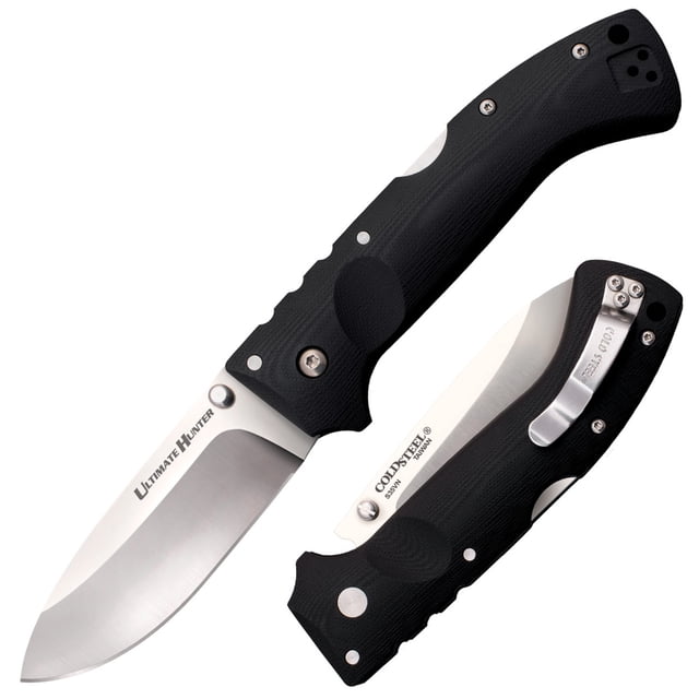 cold steel knives ultimate hunter lockback 30u s35vn stainless steel black g10 cuchillo plegable, vista diagonal con una unidad abierta que muestra hoja drop point de 3.5" en acero CPM S35VN con inscripción "Ultimate Hunter" y otra cerrada mostrando mango texturizado negro G10, clip de bolsillo y seguro Lockback; longitud cerrado 5". También suele usarse para trabajos de campo y exteriores por su tamaño compacto.