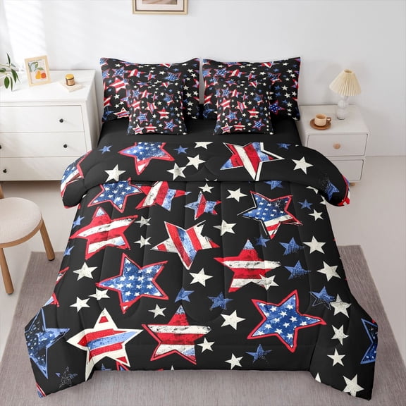 Manfei Vintage Usa Flag Stars 7-Piece Twin Bedding,Red White Navy Bedding Comforter Set,Black Reversible
