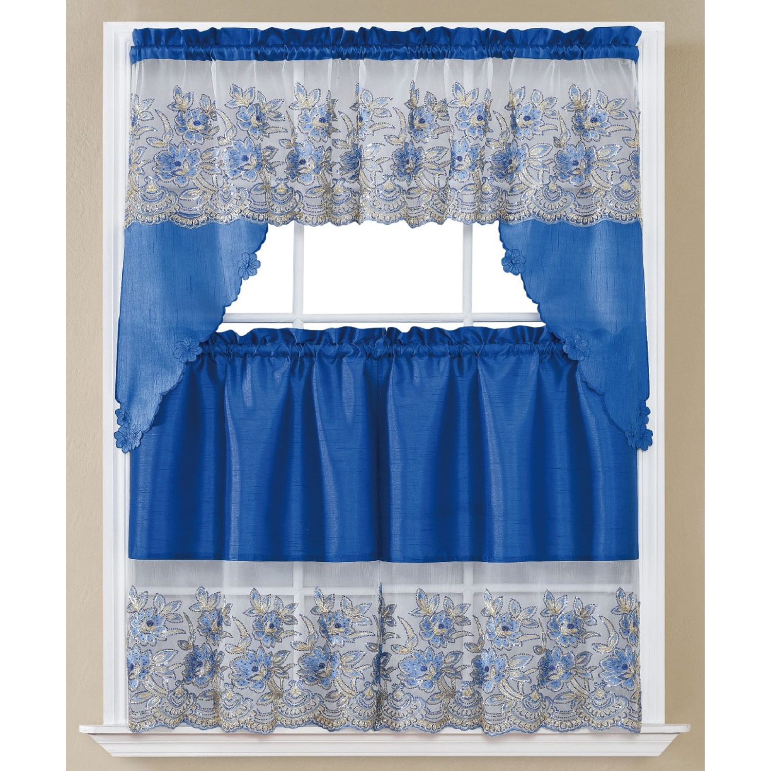 Phoebe Sequin Embroidered Kitchen Curtain Set, Navy Blue, Swag 60x36