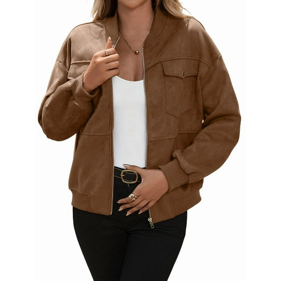 Female Faux Suede Leather Jacket Cropped Zip Long Sleeve Casual Varsity Baseball with Pockets Brown XL