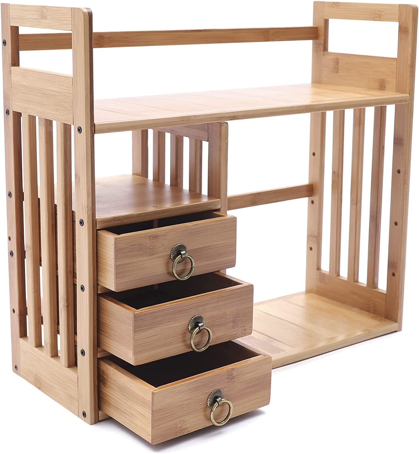 Miumaeov Bamboo Desktop Bookshelf Desk Organizer Shelf Storage Rack Counter Top Bookcase, Office Desk Storage display Shelf Rack with 3 Drawers for Office Supplies, Kitchen,Bathroom, Makeup