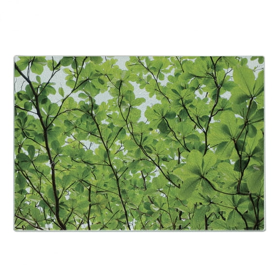 Leaves Cutting Board, Close-up Tree Leaves from an Uprising Angle High Plants Summer Fresh Environment Habitat, Decorative Tempered Glass Cutting and Serving Board, Small Size, Green, by Ambesonne