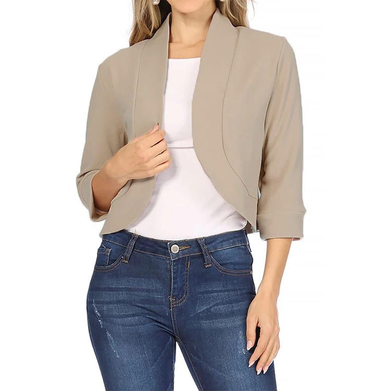 EQWLJWE Blazers for Women Business Casual Women s Work Office Suit Collarless Mid Sleeve Casual Cropped Blazer Jacket Business Suit Blazers For Women
