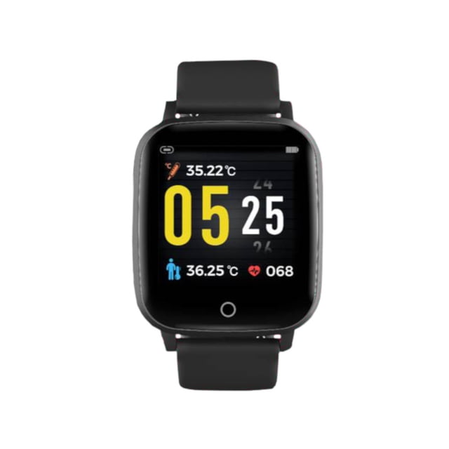 smartwatch con sensor termico k6 gadgets one negro reloj inteligente negro, vista frontal centrada con pantalla LCD 1.3 pulgadas IPS 240x240 que muestra hora grande, iconos de temperatura y ritmo cardiaco; correa de silicón negra y carcasa rectangular; ideal también para seguimiento de pasos y actividad diaria.