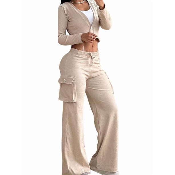 Conjunto de Dos Piezas para Mujer: Blazer Corto, Chaqueta y Pantalón de Trabajo de Cintura Alta y Pierna Caqui M