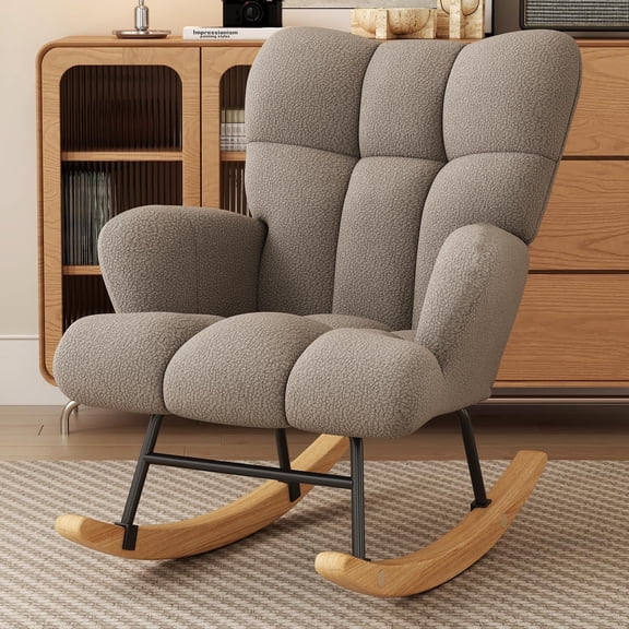 Glider Rocking Chair Nursery, Comfy Accent Chair Armchair with High Backrest Soft Upholstered Living Room Chairs for Reading Bedroom Living Room Home Office (Khaki)