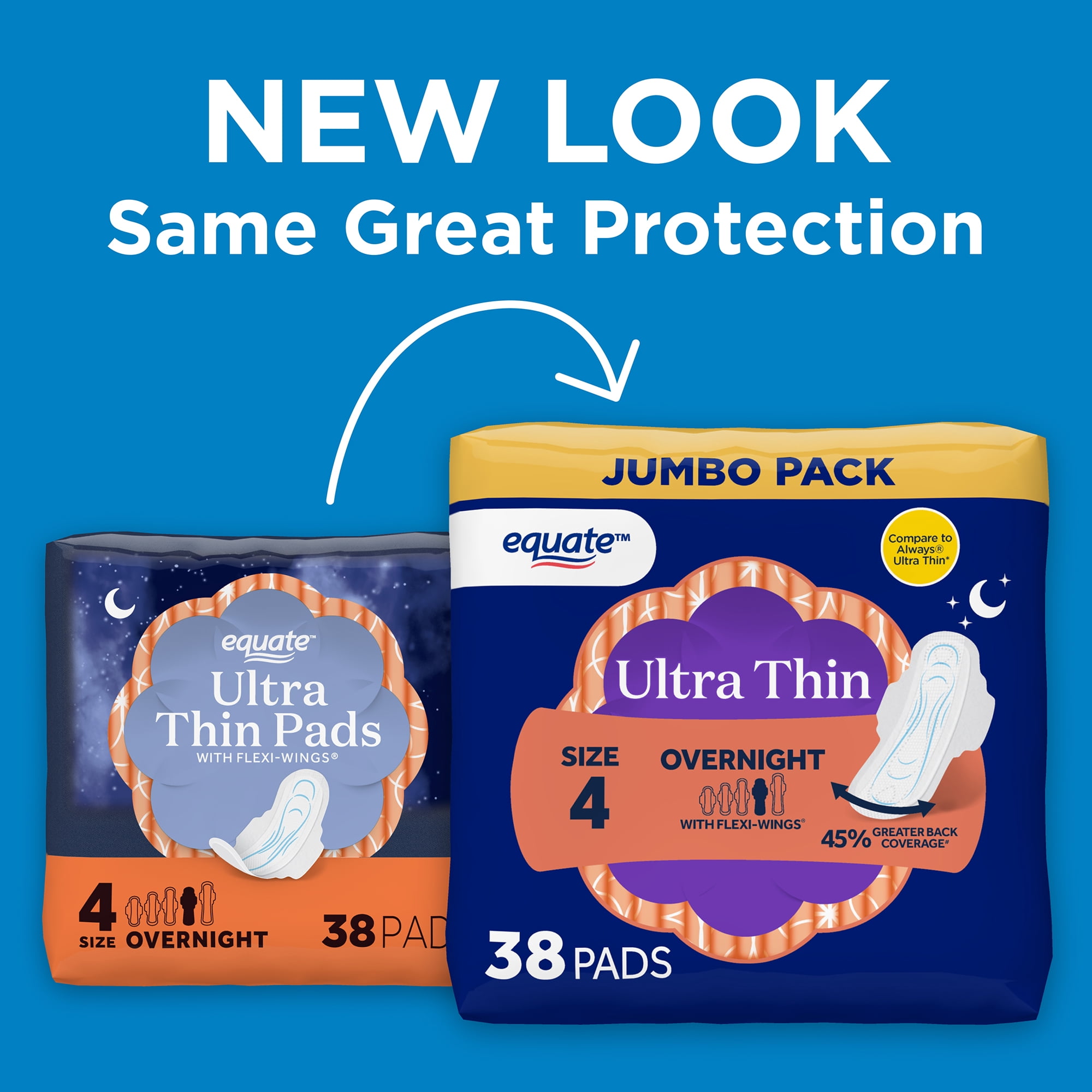 Equate Ultra Thin Pads with Flexi-Wings, Overnight Absorbency, Size 4, 38 Count