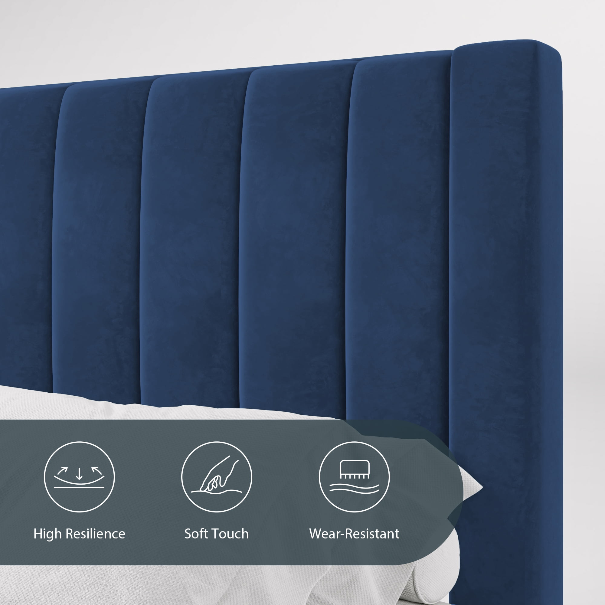 Einfach King Size Platform Bed Frame with Upholstered Velvet Vertical Headboard, Blue