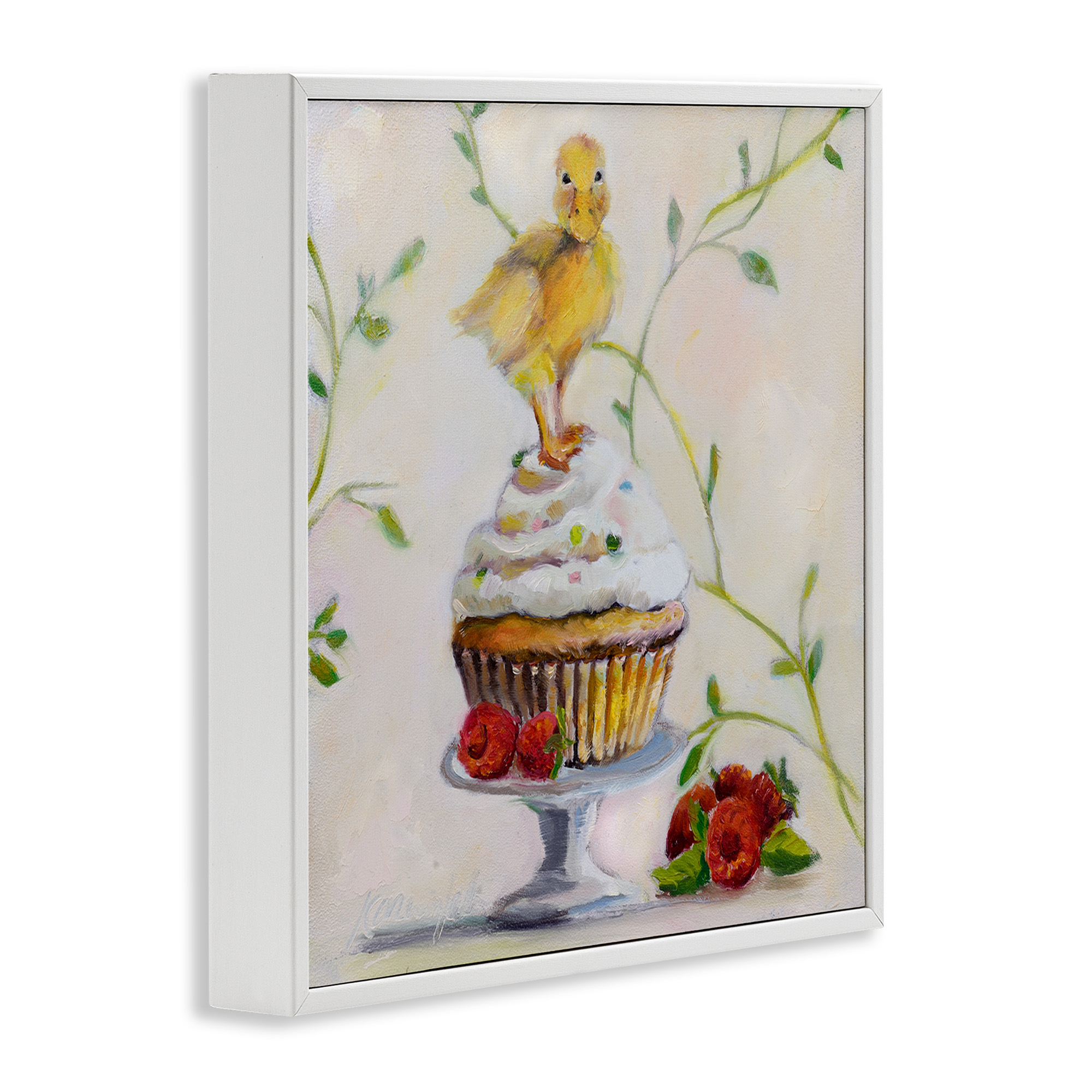 Stupell Industries Baby Duck on Raspberry Cupcake Animals & Insects Painting White Framed Art Print Wall Art, 12 x 12