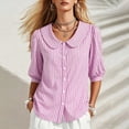 thumbnail image 6 of Women's Striped Shirt with Pan Collar, 3/4 Puff Sleeve Button Down Casual Blouse, 6 of 8