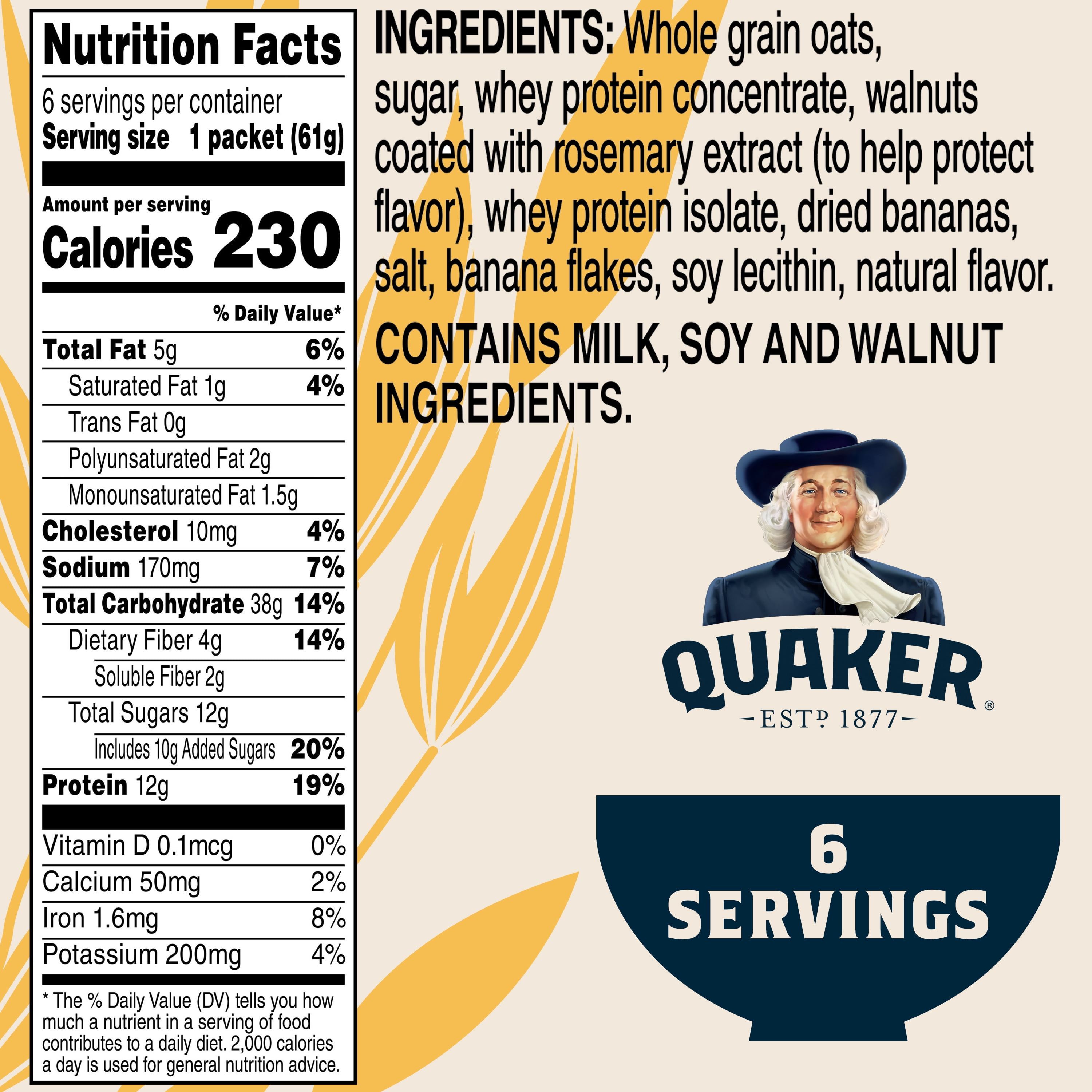 (6 pack) Quaker Protein Instant Oatmeal, Banana Nut, 12g Protein per Serving, Whole Grains, No Artificial Flavors, 2.15 oz Packets, (6 Pack)​