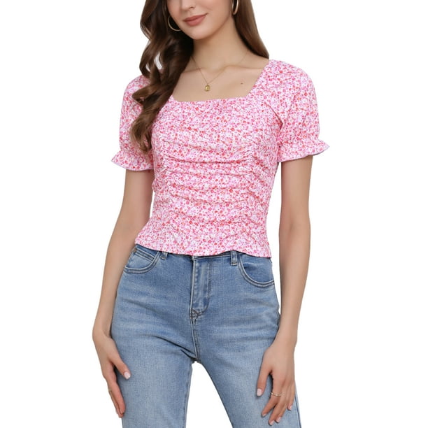 INSPIRAR CHIC Blusa corta de manga corta con estampado floral y fruncido en la parte delantera XL Rosa