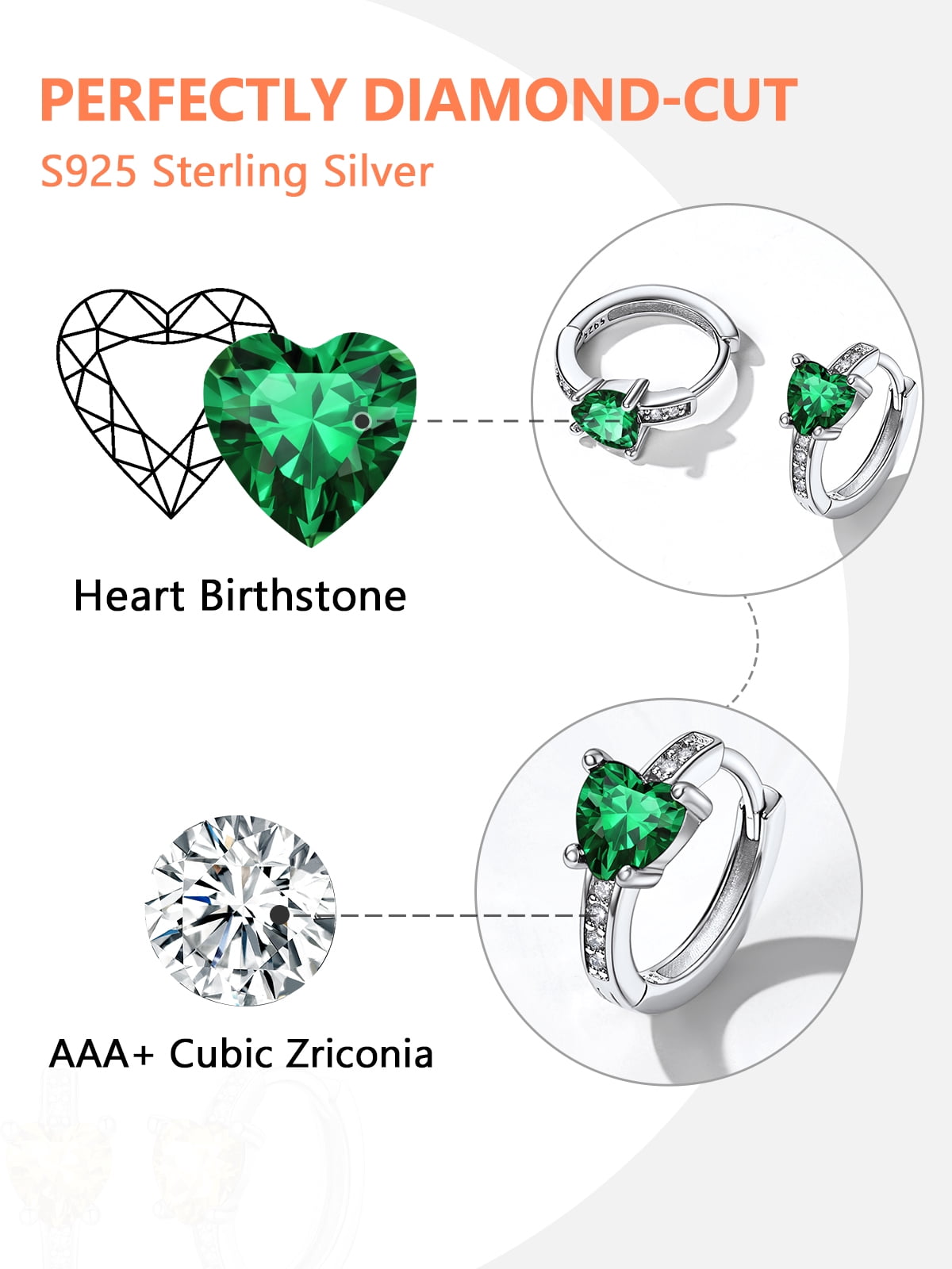 Silvora Sterling Silver Birthstone Hoop Earrings for Women Heart Cut Created Diamond Dainty Earring Birthday Christmas Valentines Jewelry Gift, May