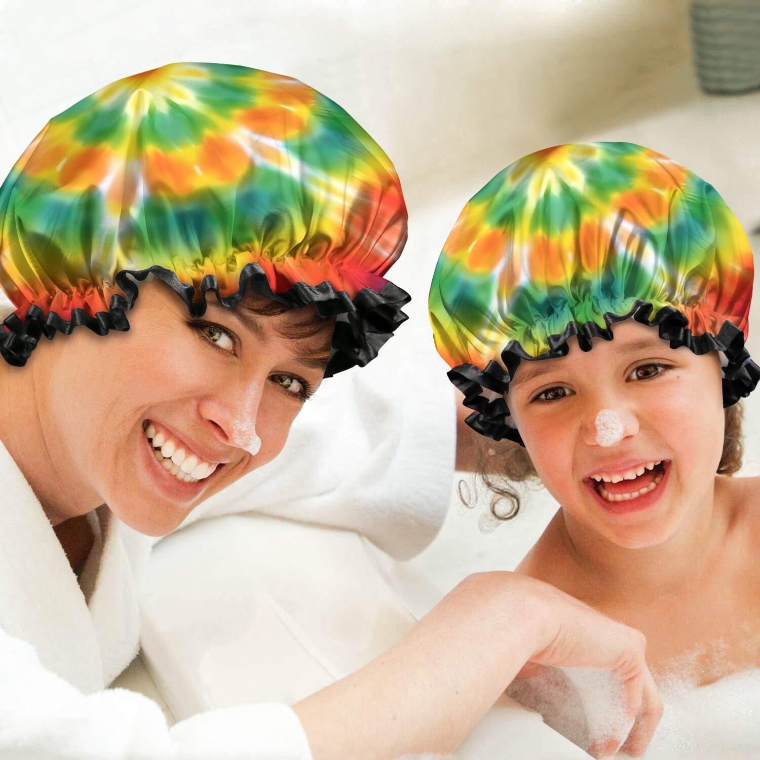 Shower Caps,Colorful Rainbow Tie Dye Spiral Pattern Waterproof Shower Cap for Women 4 Pieces,Double Reusable Hair Cover for Shower PEVA Elastic Stretch Hem