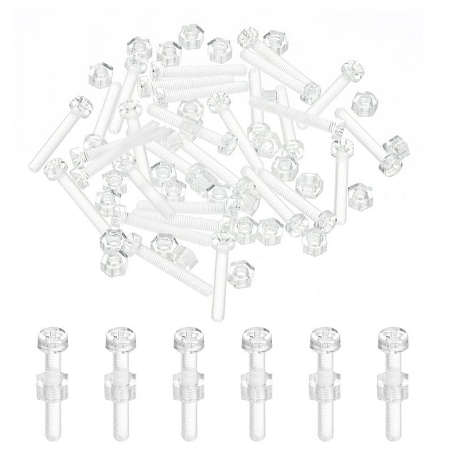 Uxcell M3x20mm Kit de Tornillos de Acrílico Transparente y Tuercas Hexagonales, Tornillos de Cabeza Redonda Phillips de Plástico PC, Juego Transparente de 50