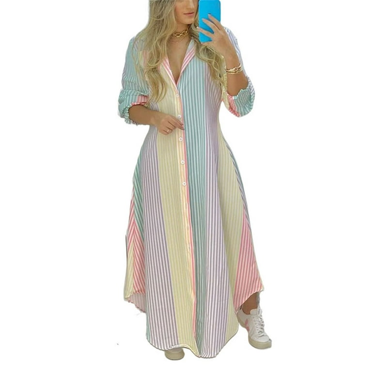 UKAP Women Stripe Button Down Maxi Dress Summer Holiday Lapel V