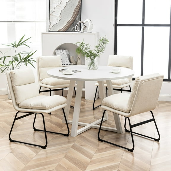 5 Dining : Round Table With 4 Chairs, Vanilla White, Cozy Experience, Seats : Trestle Table, Stylish Quality Seat Cushion,